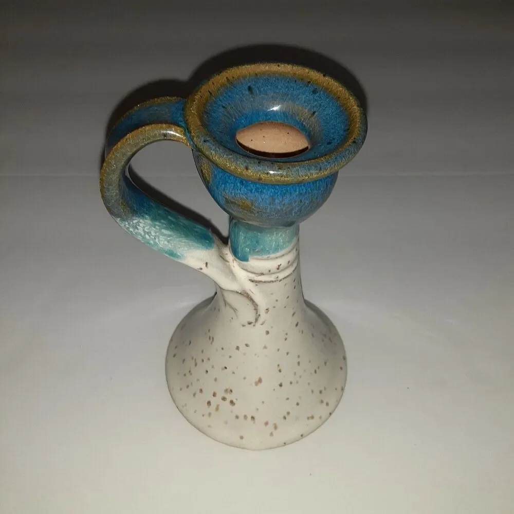CCC Pottery Chambermaid Candle Stick Artist Signed Sea Blues 5.5